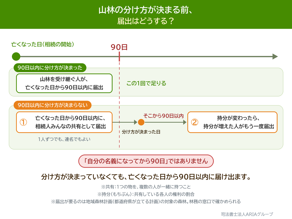 山林の分け方が決まる前、 届出はどうする?の図。分け方が決まっていなくても、亡くなった日から90日以内に届け出ます。